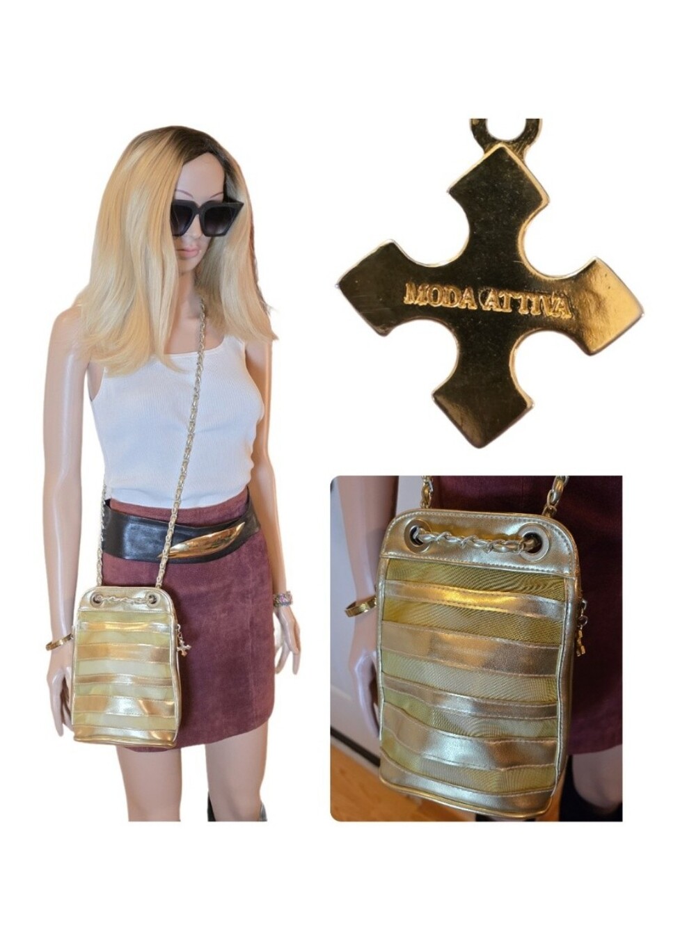 Moda Attiva Vintage Gold Metallic Mesh Panel Crossbody Bag